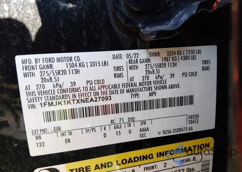 2022 Ford Expedition Limited Max z USA, uszkodzony, nr VIN 1FMJK1KTXNEA27093